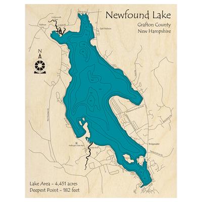 Bathymetric topo map of Newfound Lake, NH with roads, towns and depths noted in blue water.