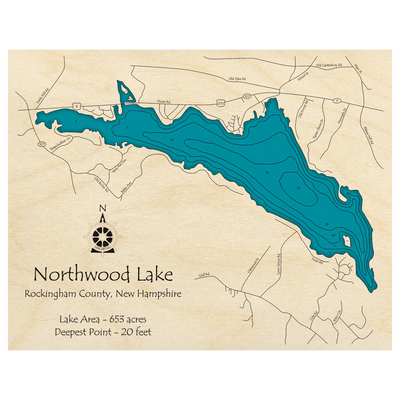 Bathymetric topo map of Northwood Lake, NH with roads, towns and depths noted in blue water.
