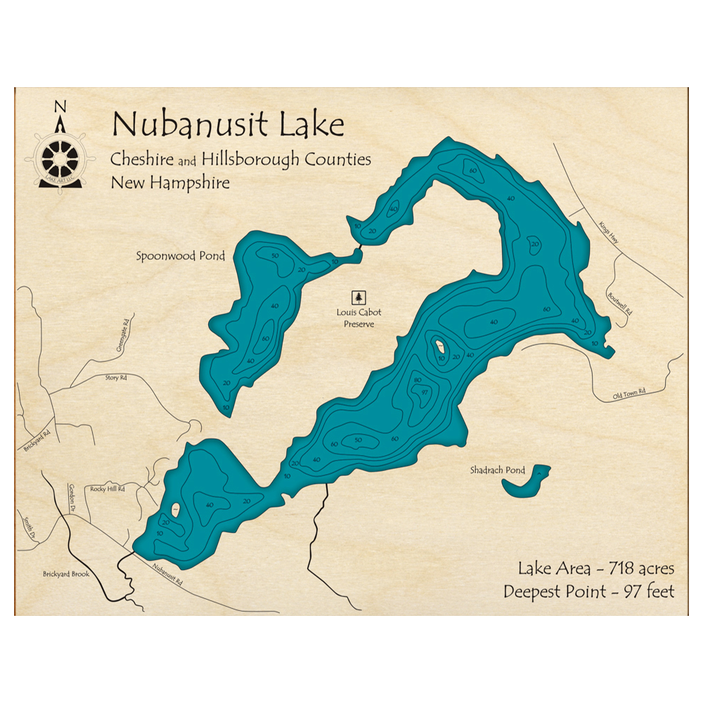 Bathymetric topo map of Nubanusit Lake, NH with roads, towns and depths noted in blue water.