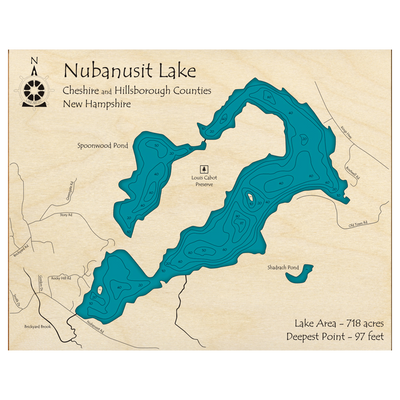 Bathymetric topo map of Nubanusit Lake, NH with roads, towns and depths noted in blue water.