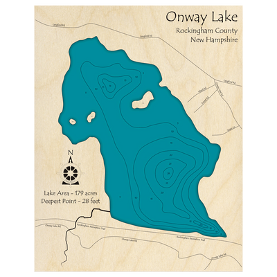 Bathymetric topo map of Onway Lake, NH with roads, towns and depths noted in blue water.
