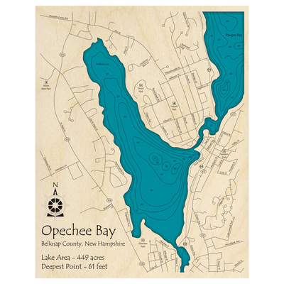 Bathymetric topo map of Opechee Bay, NH with roads, towns and depths noted in blue water.