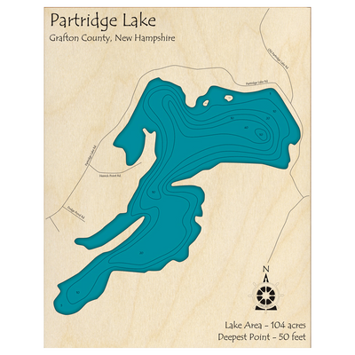 Bathymetric topo map of Partridge Lake, NH with roads, towns and depths noted in blue water.