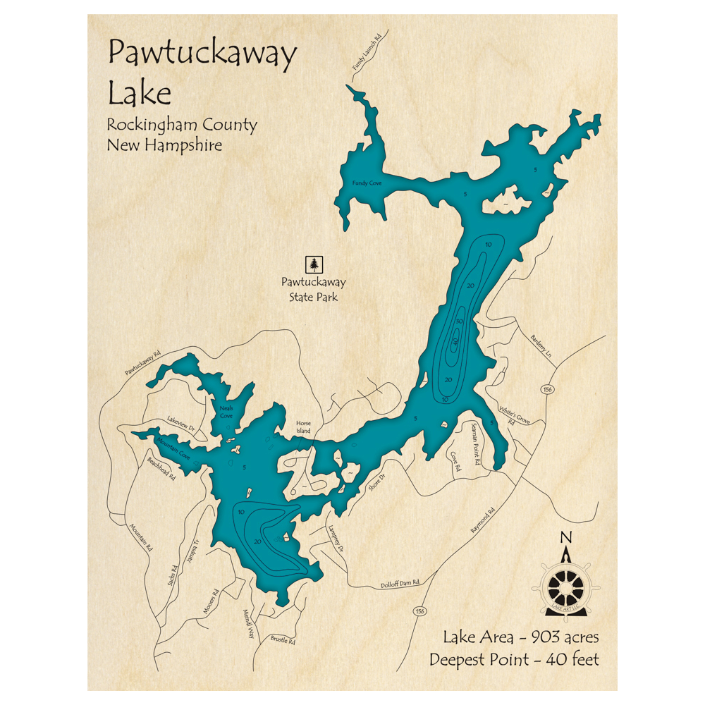 Bathymetric topo map of Pawtuckaway Lake, NH with roads, towns and depths noted in blue water.