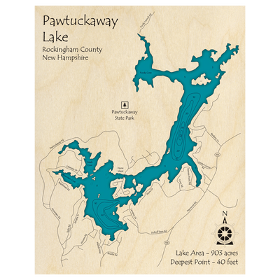 Bathymetric topo map of Pawtuckaway Lake, NH with roads, towns and depths noted in blue water.