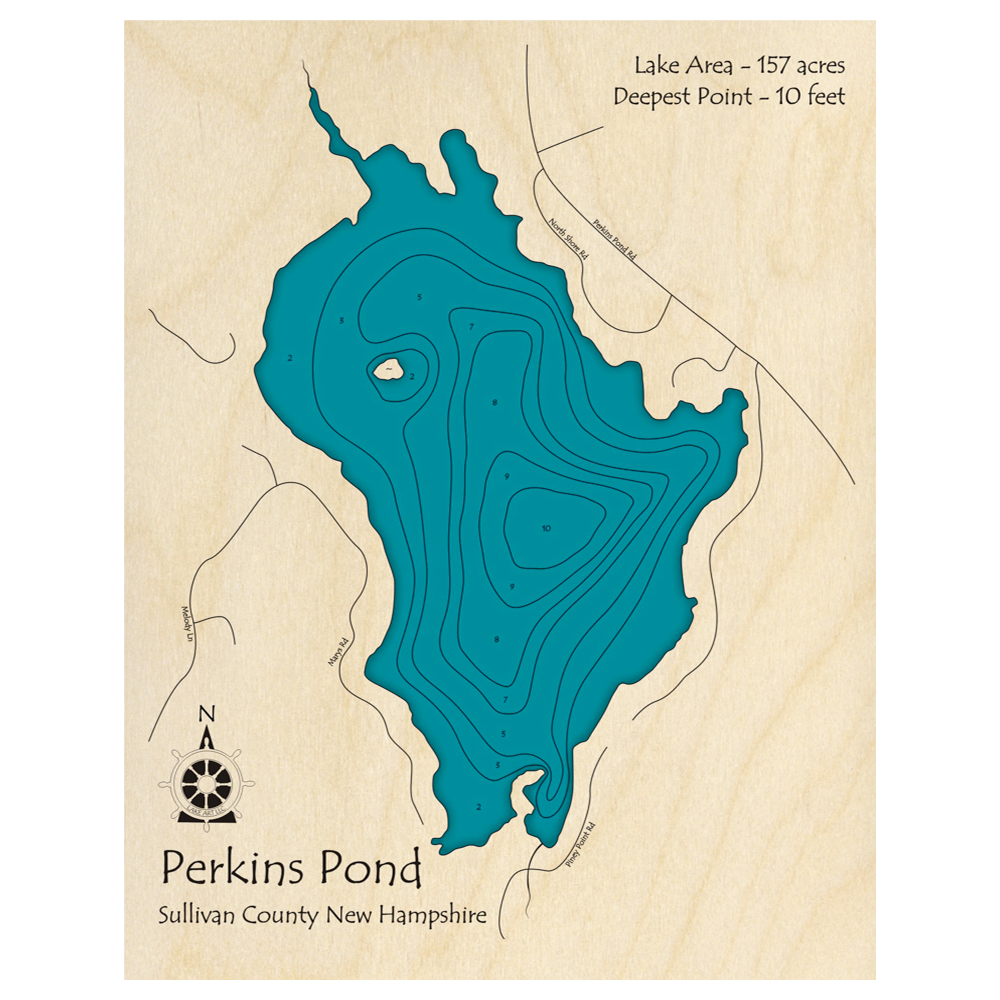 Bathymetric topo map of Perkins Pond, NH with roads, towns and depths noted in blue water.