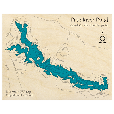 Bathymetric topo map of Pine River Pond, NH with roads, towns and depths noted in blue water.