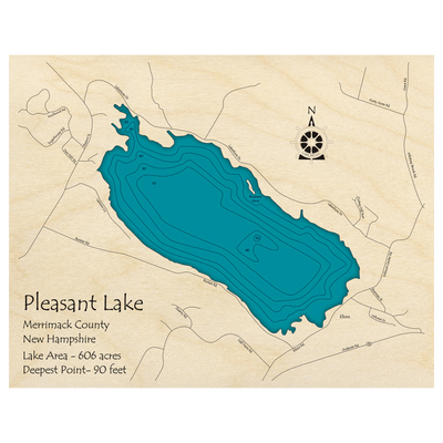 Bathymetric topo map of Pleasant Lake, NH with roads, towns and depths noted in blue water.