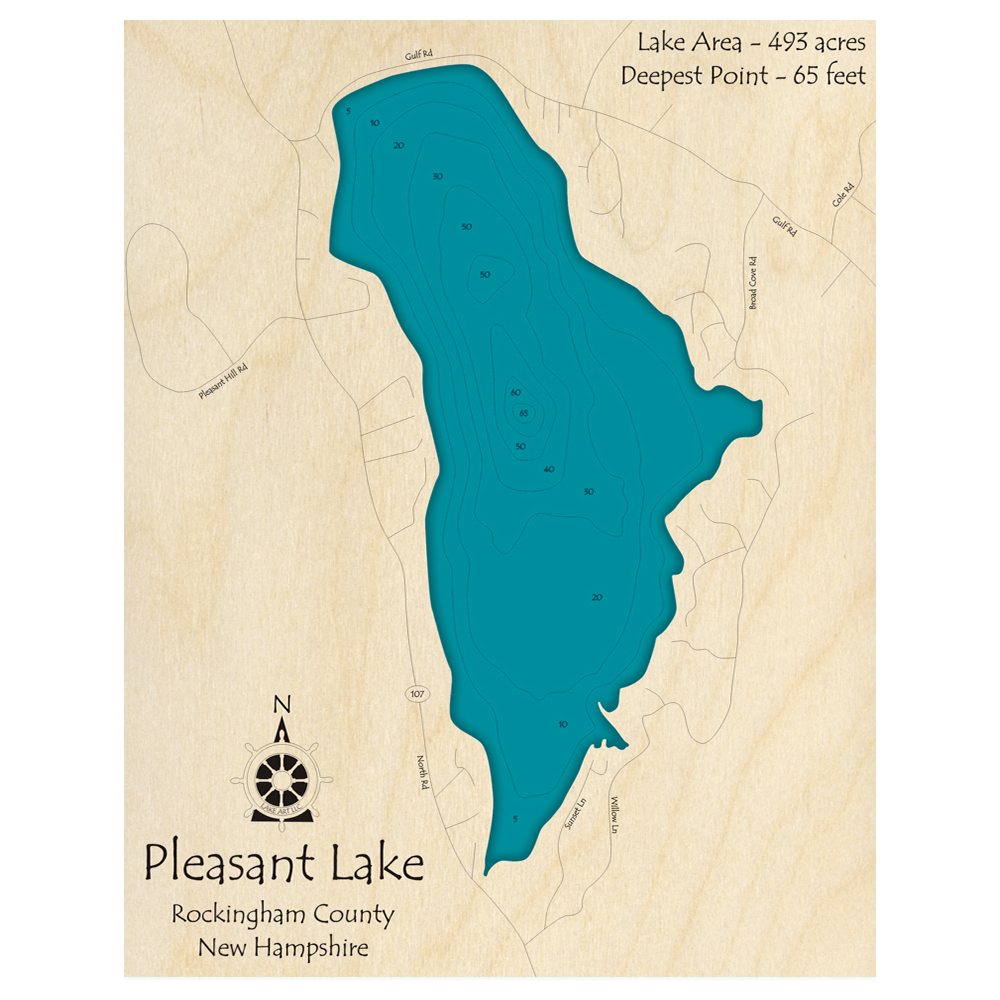 Bathymetric topo map of Pleasant Lake, NH with roads, towns and depths noted in blue water.