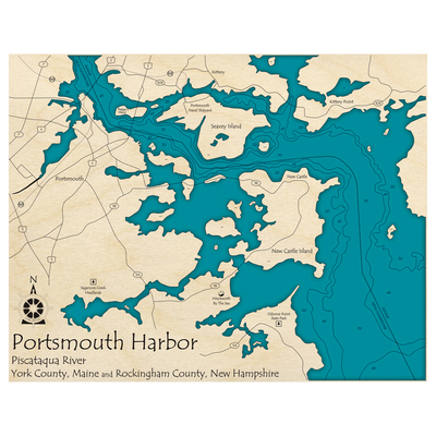 Bathymetric topo map of Portsmouth Harbor (ME, NH) with roads, towns and depths noted in blue water.