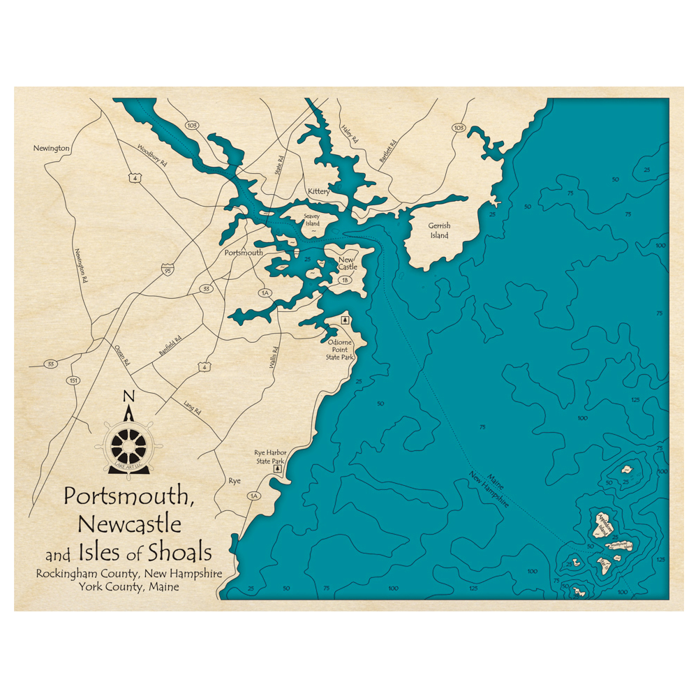 Bathymetric topo map of Newcastle and Portsmouth (ME, NH) with roads, towns and depths noted in blue water.