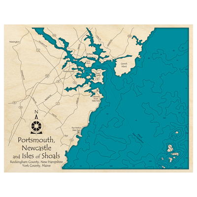 Bathymetric topo map of Newcastle and Portsmouth (ME, NH) with roads, towns and depths noted in blue water.