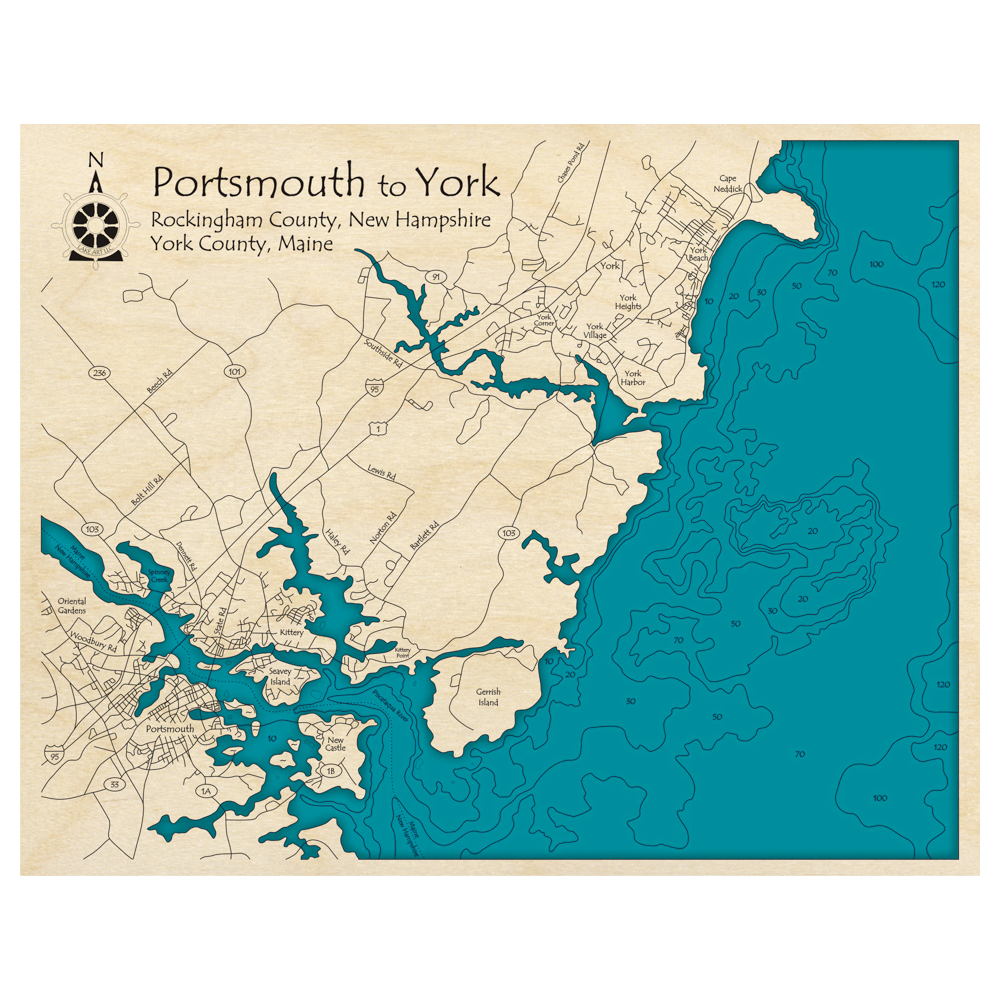Bathymetric topo map of Portsmouth to York (ME, NH) with roads, towns and depths noted in blue water.