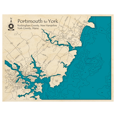 Bathymetric topo map of Portsmouth to York (ME, NH) with roads, towns and depths noted in blue water.