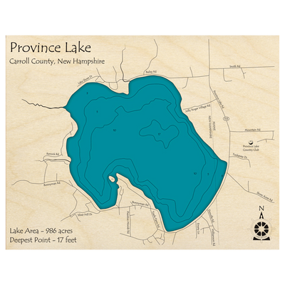 Bathymetric topo map of Province Lake, NH with roads, towns and depths noted in blue water.