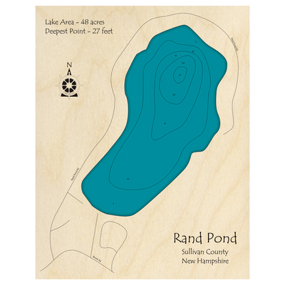 Bathymetric topo map of Rand Pond, NH with roads, towns and depths noted in blue water.