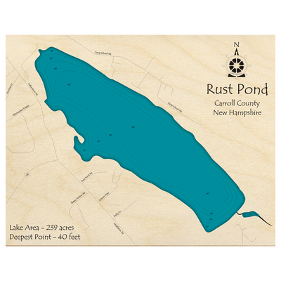 Bathymetric topo map of Rust Pond, NH with roads, towns and depths noted in blue water.