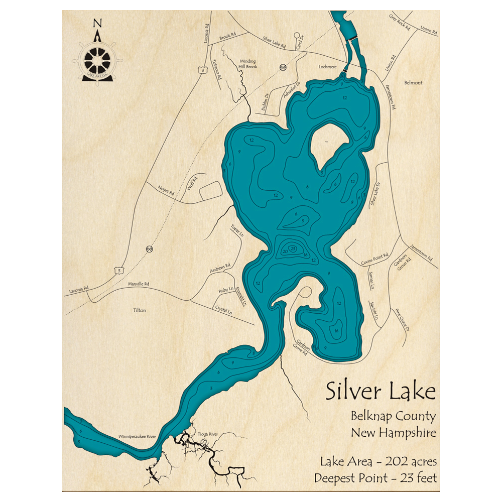 Bathymetric topo map of Silver Lake, NH with roads, towns and depths noted in blue water.