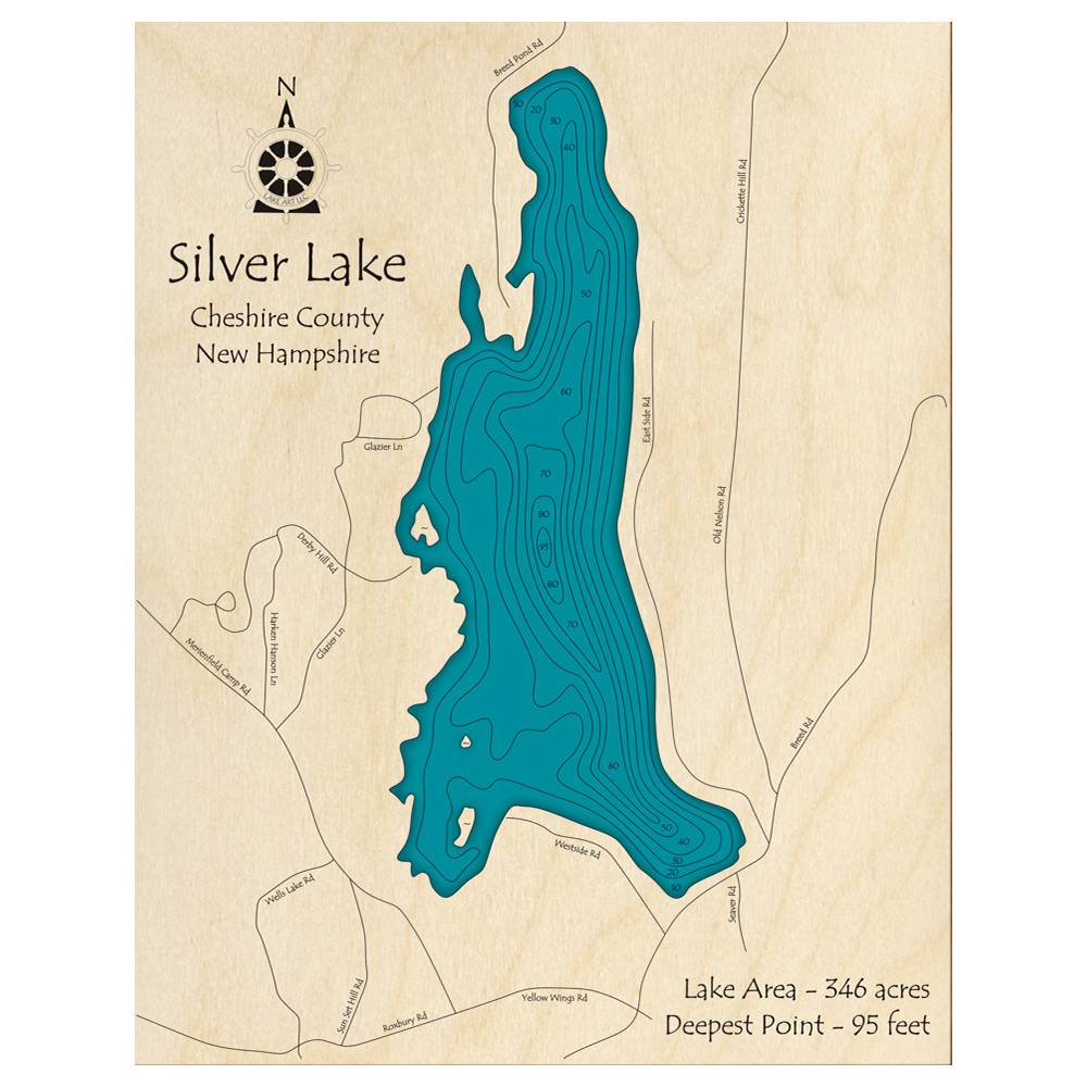 Bathymetric topo map of Silver Lake, NH with roads, towns and depths noted in blue water.