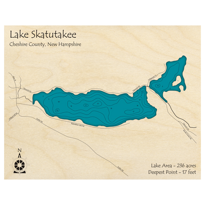 Bathymetric topo map of Lake Skatutakee, NH with roads, towns and depths noted in blue water.