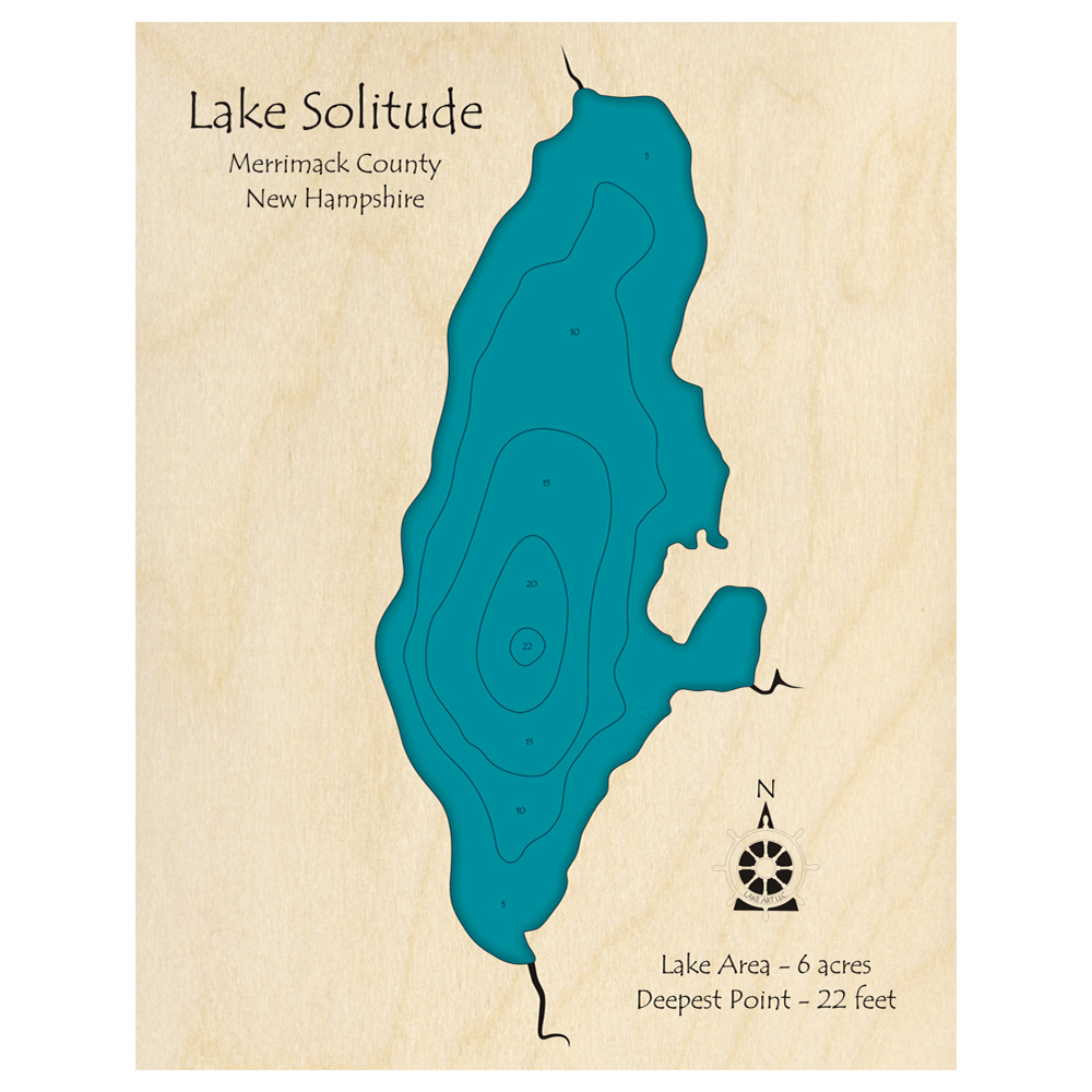 Bathymetric topo map of Lake Solitude, NH with roads, towns and depths noted in blue water.