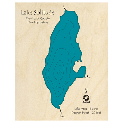 Bathymetric topo map of Lake Solitude, NH with roads, towns and depths noted in blue water.