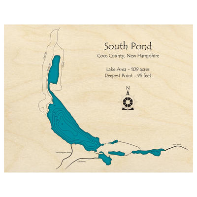 Bathymetric topo map of South Pond, NH with roads, towns and depths noted in blue water.