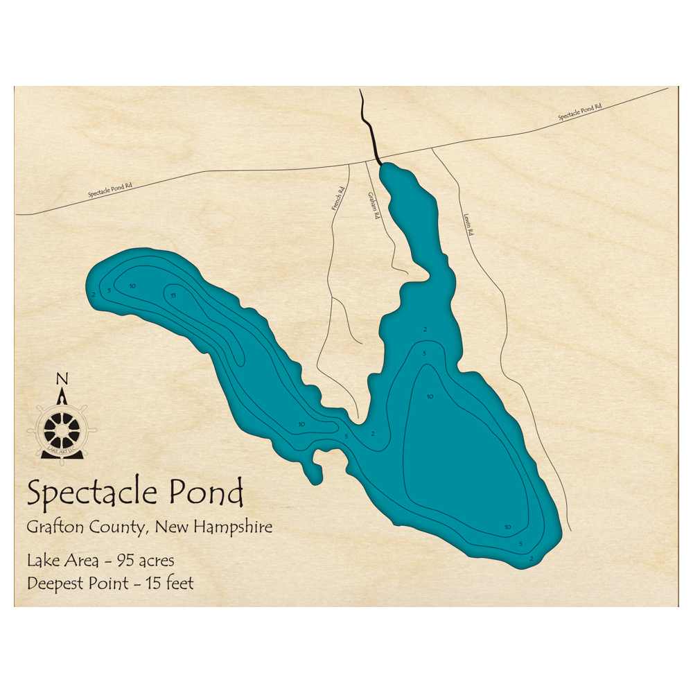 Bathymetric topo map of Spectacle Pond, NH with roads, towns and depths noted in blue water.
