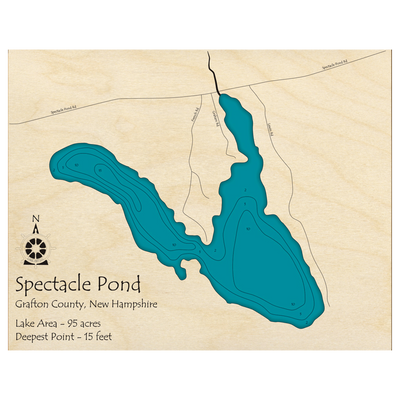 Bathymetric topo map of Spectacle Pond, NH with roads, towns and depths noted in blue water.
