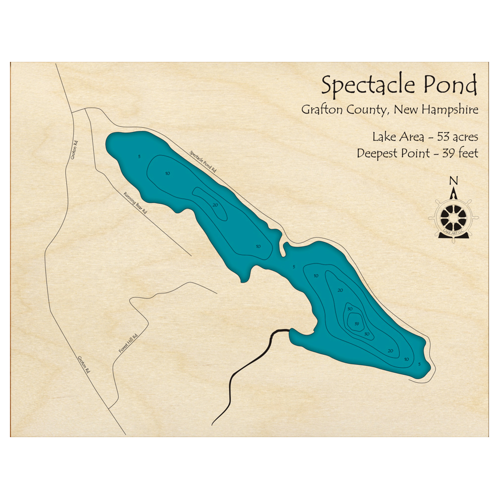 Bathymetric topo map of Spectacle Pond, NH with roads, towns and depths noted in blue water.