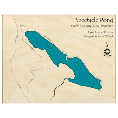 Bathymetric topo map of Spectacle Pond, NH with roads, towns and depths noted in blue water.