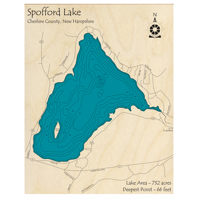 Bathymetric topo map of Spofford Lake, NH with roads, towns and depths noted in blue water.