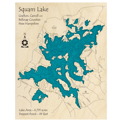 Bathymetric topo map of Squam Lake, NH with roads, towns and depths noted in blue water.