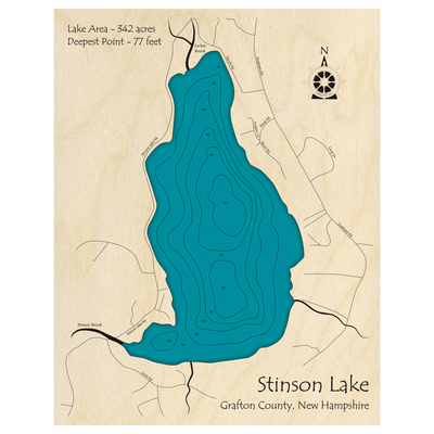 Bathymetric topo map of Stinson Lake, NH with roads, towns and depths noted in blue water.