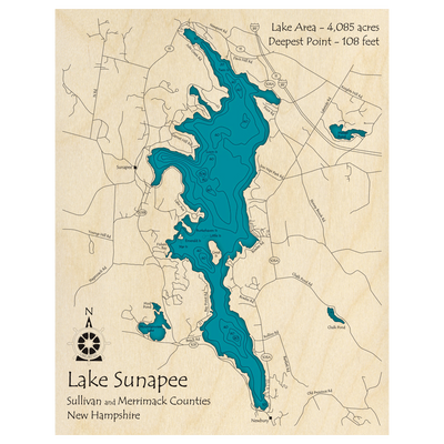 Bathymetric topo map of Lake Sunapee, NH with roads, towns and depths noted in blue water.