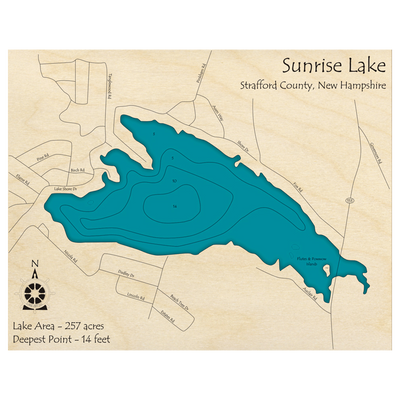 Bathymetric topo map of Sunrise Lake, NH with roads, towns and depths noted in blue water.