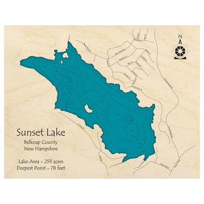 Bathymetric topo map of Sunset Lake, NH with roads, towns and depths noted in blue water.