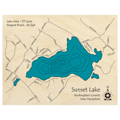 Bathymetric topo map of Sunset Lake, NH with roads, towns and depths noted in blue water.