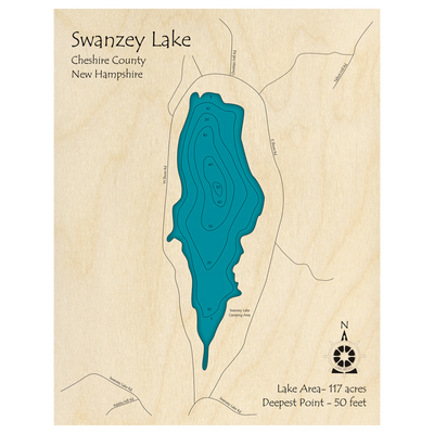 Bathymetric topo map of Swanzey Lake, NH with roads, towns and depths noted in blue water.