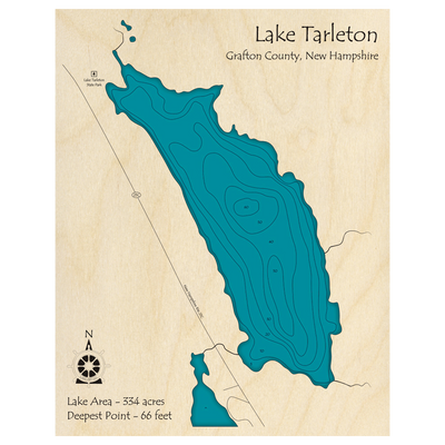 Bathymetric topo map of Lake Tarleton, NH with roads, towns and depths noted in blue water.
