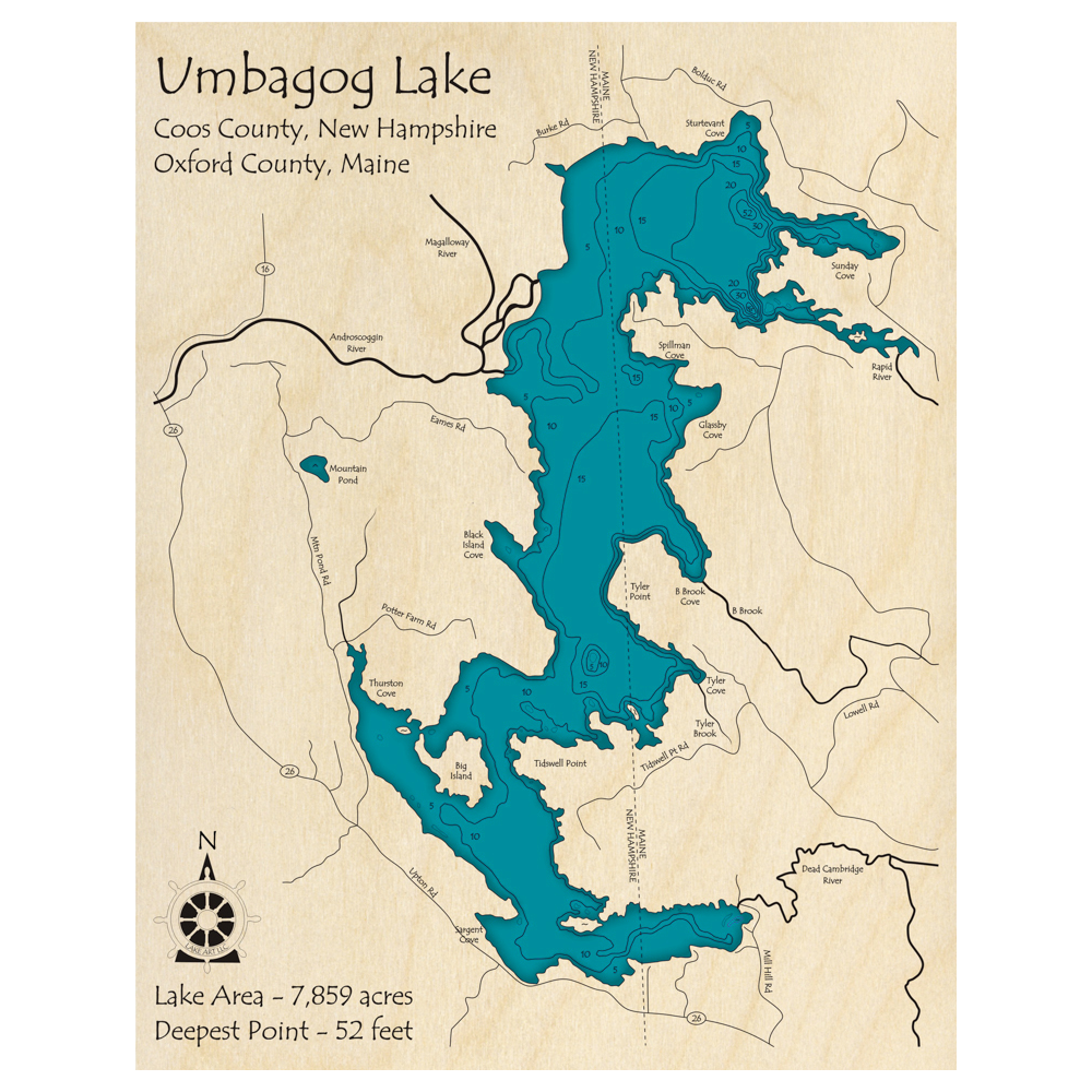 Bathymetric topo map of Umbagog Lake (ME, NH) with roads, towns and depths noted in blue water.