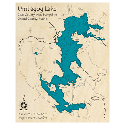 Bathymetric topo map of Umbagog Lake (ME, NH) with roads, towns and depths noted in blue water.