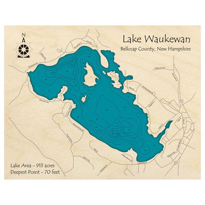 Bathymetric topo map of Lake Waukewan, NH with roads, towns and depths noted in blue water.