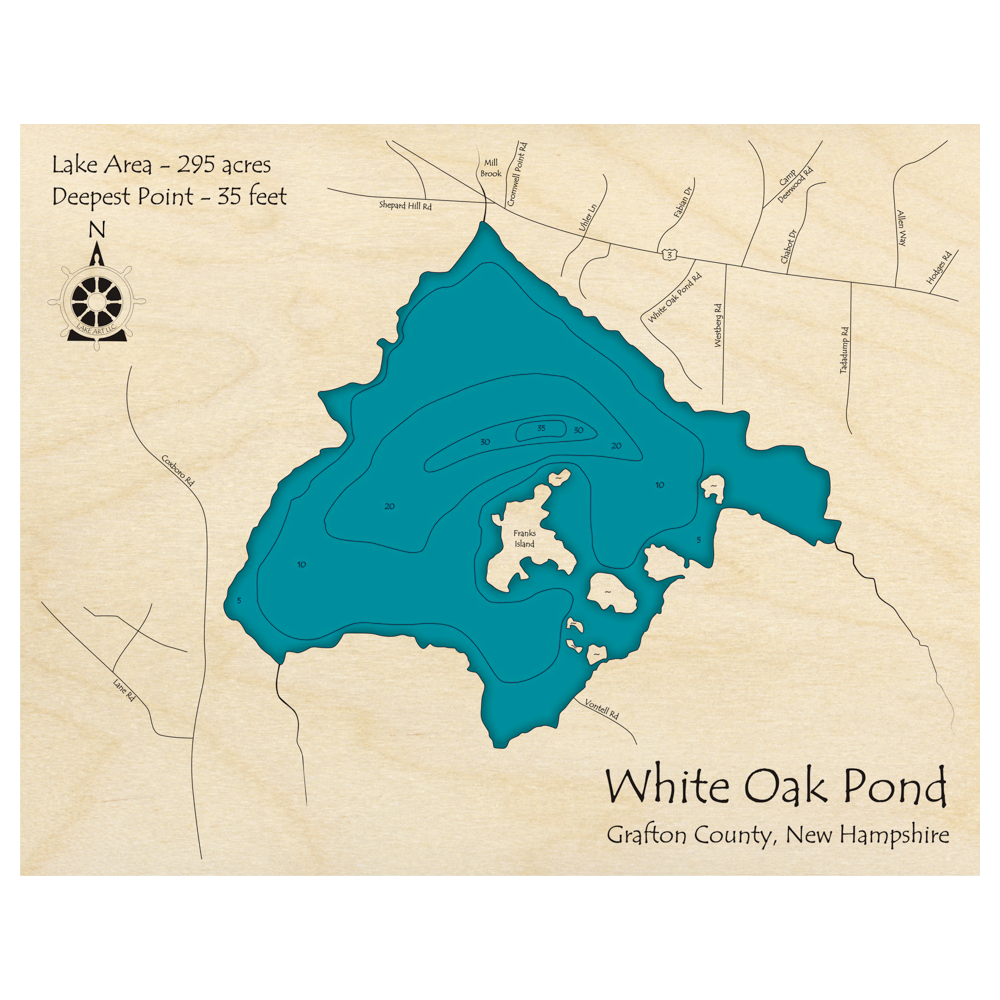 Bathymetric topo map of White Oak Pond, NH with roads, towns and depths noted in blue water.