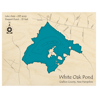 Bathymetric topo map of White Oak Pond, NH with roads, towns and depths noted in blue water.