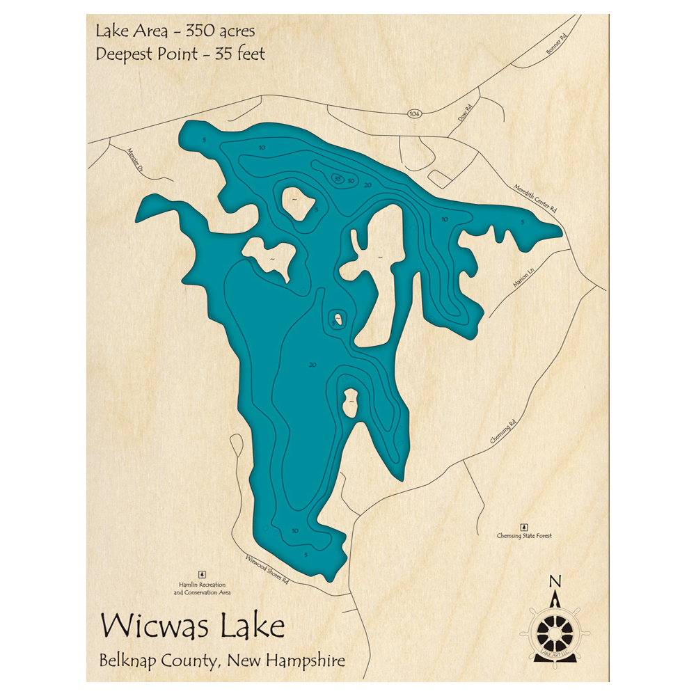 Bathymetric topo map of Wicwas Lake, NH with roads, towns and depths noted in blue water.