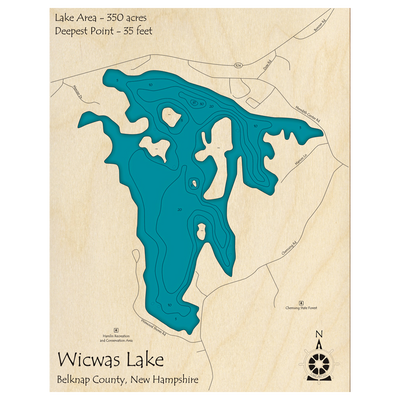 Bathymetric topo map of Wicwas Lake, NH with roads, towns and depths noted in blue water.