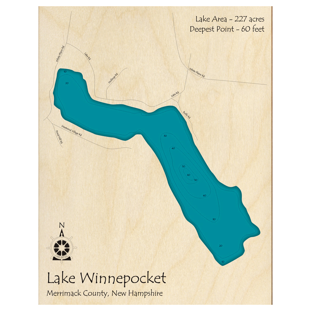 Bathymetric topo map of Lake Winnepocket, NH with roads, towns and depths noted in blue water.