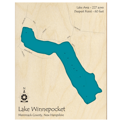 Bathymetric topo map of Lake Winnepocket, NH with roads, towns and depths noted in blue water.