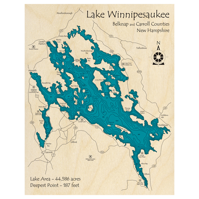 Bathymetric topo map of Lake Winnipesaukee, NH with roads, towns and depths noted in blue water.